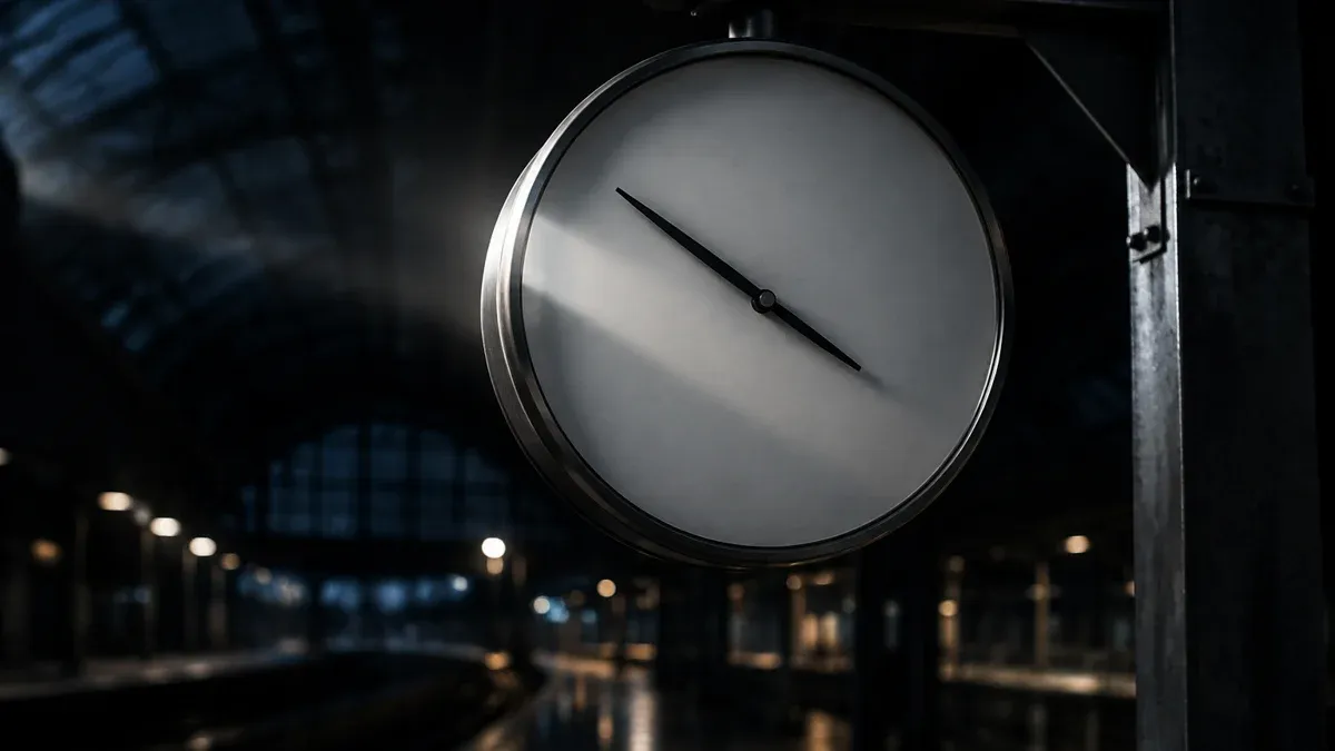 Grosse Bahnhofsuhr aus Metall mit leerem Zifferblatt ohne Ziffern in einer dunklen nächtlichen Bahnhofshalle