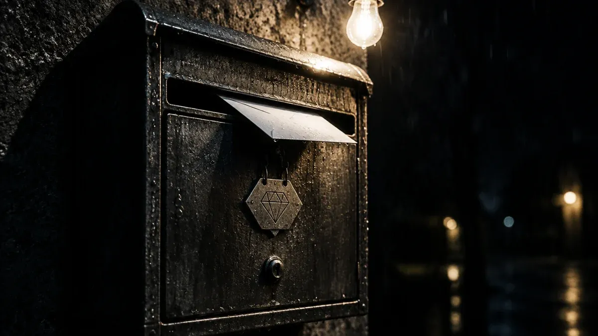 Schwerer Metall-Briefkasten an einer Betonwand, aus dem ein weisser Umschlag ragt, darüber eine nackte Glühbirne bei Nacht