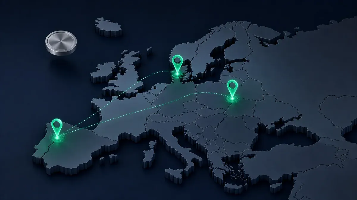 Stilisierte Europakarte mit drei grün markierten Märkten für den begrenzten EURR-Test.