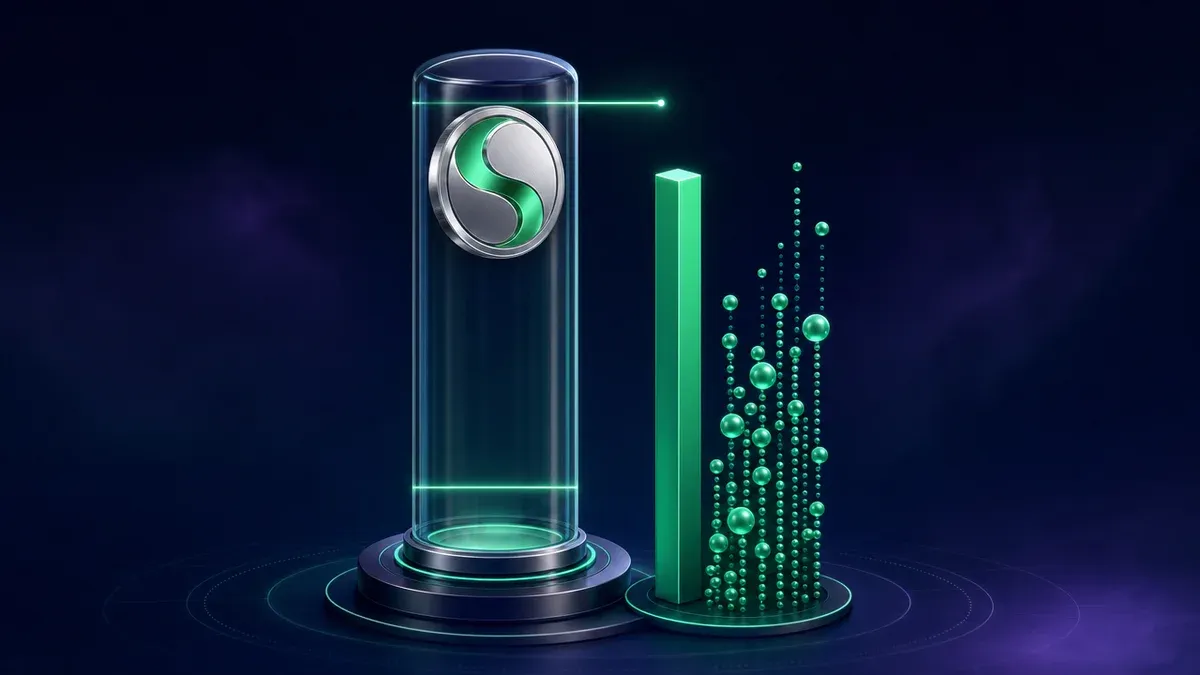 Abstrakte Datenvisualisierung zeigt steigenden WBT-Token nahe der oberen Handelsspanne und erhöhtes Volumen.