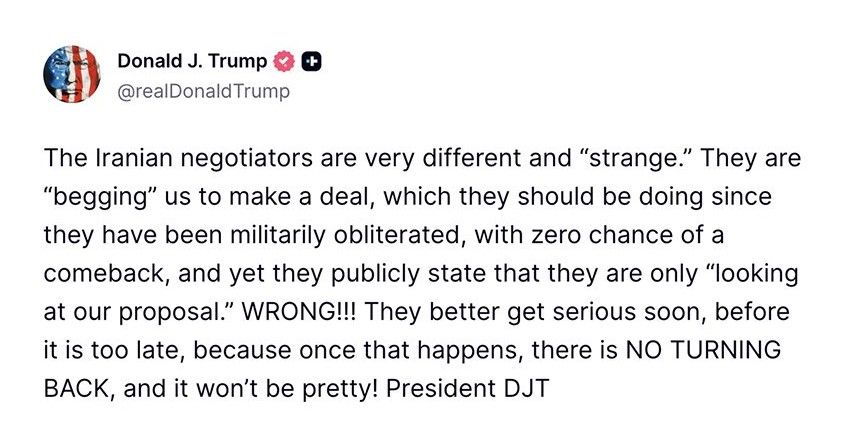 Publicación de Donald Trump sobre negociaciones con Irán.jpeg