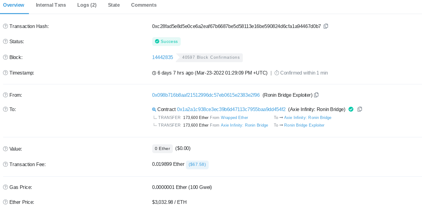 Etherscan showing the hack transaction of the Ronin bridge exploit