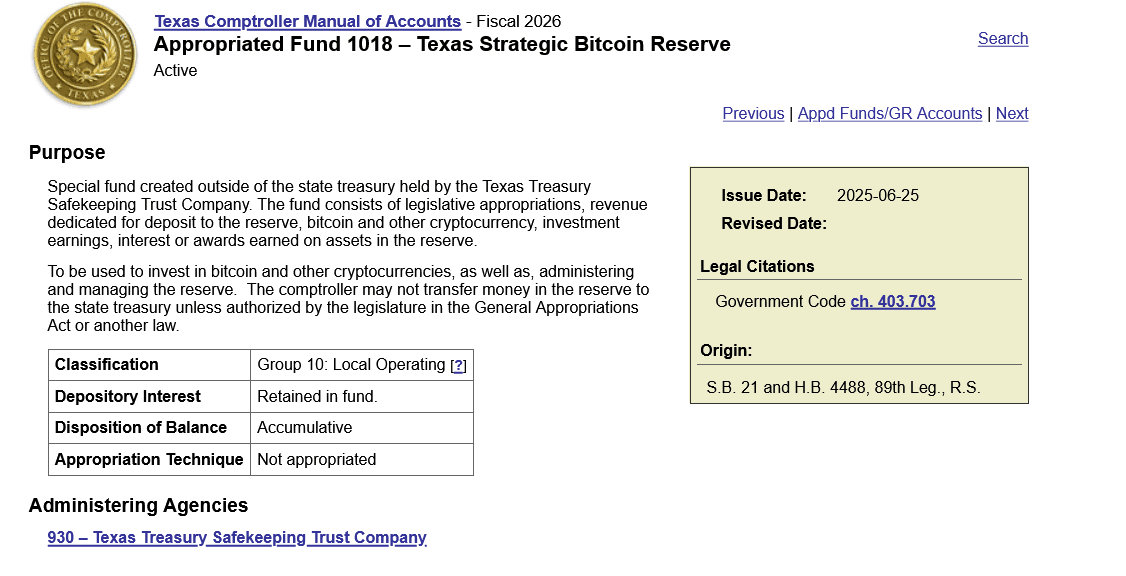 Screenshot 2025-11-26 at 18-00-19 Texas Strategic Bitcoin Reserve Appropriated Funds_General Revenue Accounts Texas Comptroller Manual of Accounts Fiscal 2026.png