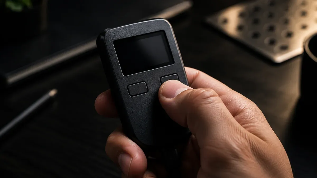 Hand hält ein markenloses Hardware-Wallet mit kleinem Display, der Daumen liegt auf dem Bestätigungsknopf