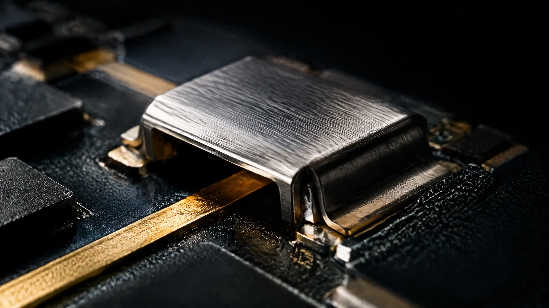 Nahaufnahme eines Mikrochips, über einem Kontaktpfad liegt eine geschlossene Sperrklappe aus gebürstetem Metall
