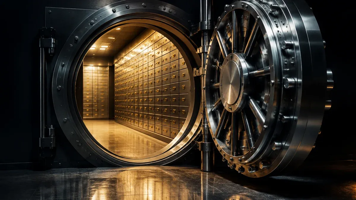 Geöffnete Tresortür einer Bank mit Reihen verschlossener Schließfächer