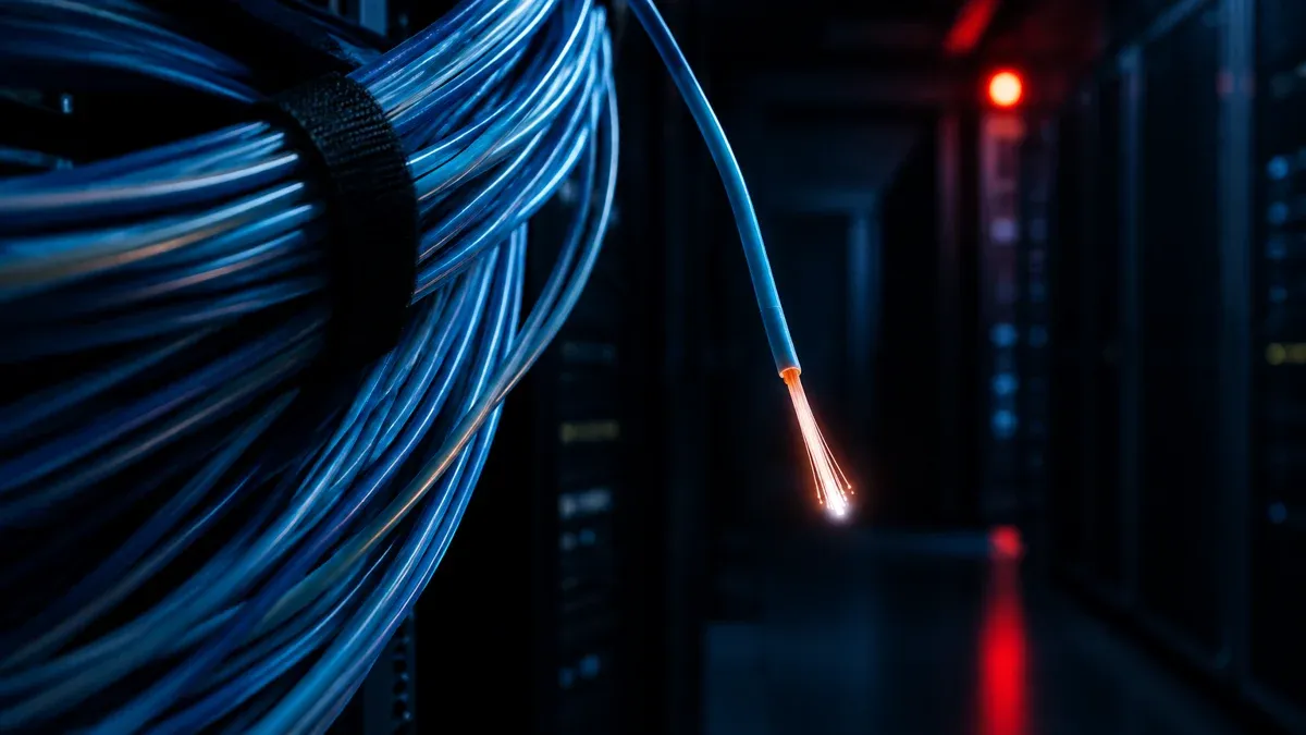Dickes Bündel blauer Glasfaserkabel in einem dunklen Serverraum, ein einzelnes gelöstes Kabel hängt mit leuchtendem Faserende frei herab, im Hintergrund eine rote Warnleuchte