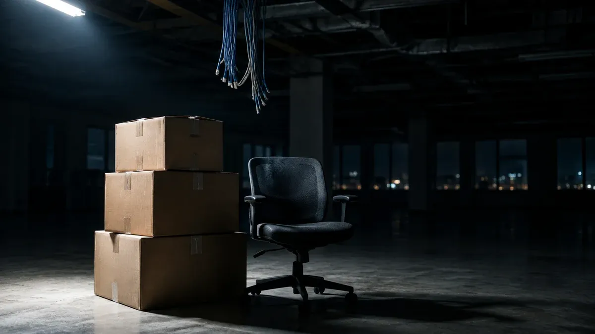 Stapel unbeschrifteter brauner Umzugskartons und ein zurückgelassener Bürostuhl in einem leergeräumten Großraumbüro bei Nacht, von der Decke hängen gekappte Netzwerkkabel
