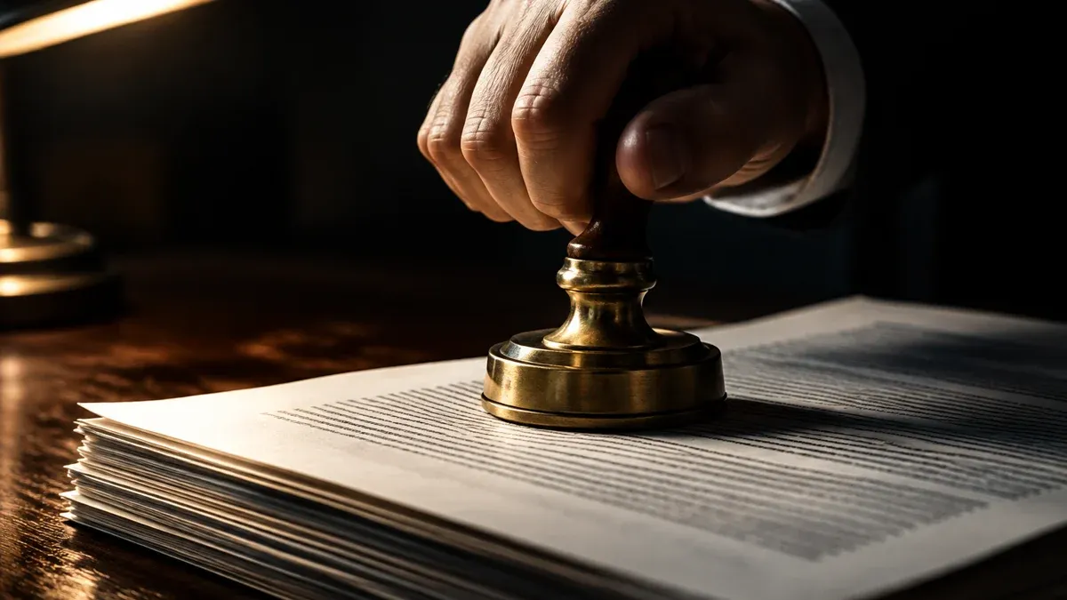 Hand drückt einen schweren Stempel auf einen dicken Vertrag mit kleinem Druck