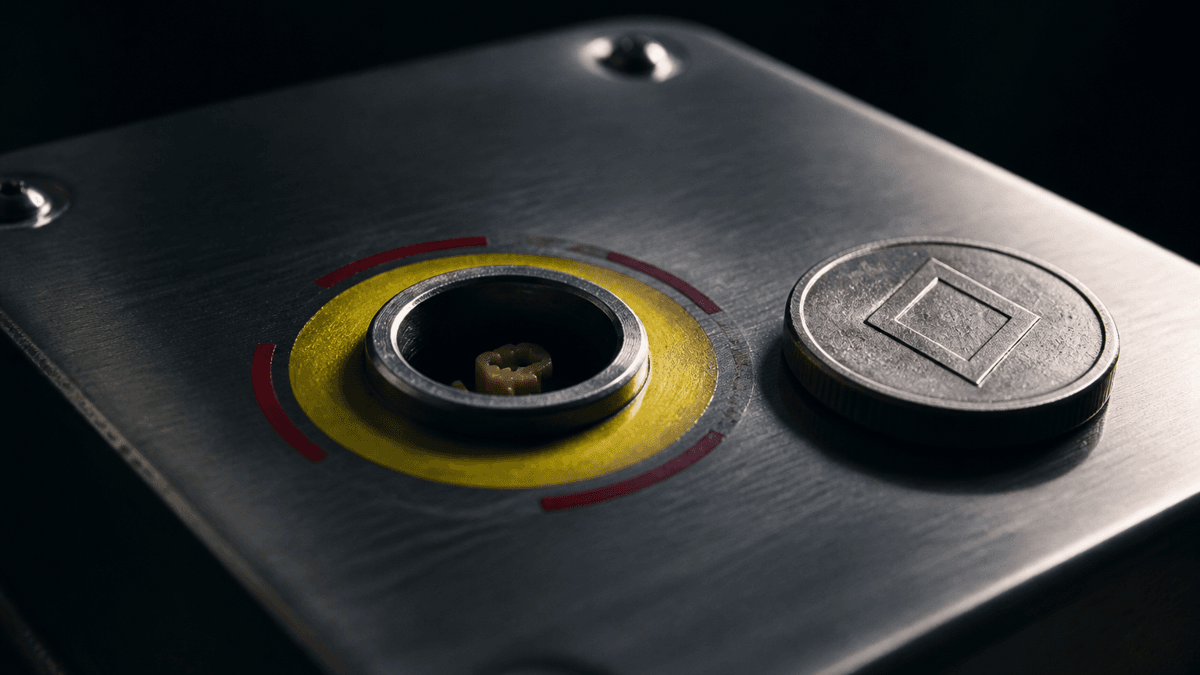 Industrielles Not-Aus-Bedienfeld aus Stahl, in der Fassung des roten Pilzdruckknopfs nur eine leere Öffnung mit blanken Kontakten, daneben eine Metallmünze mit Rautensymbol