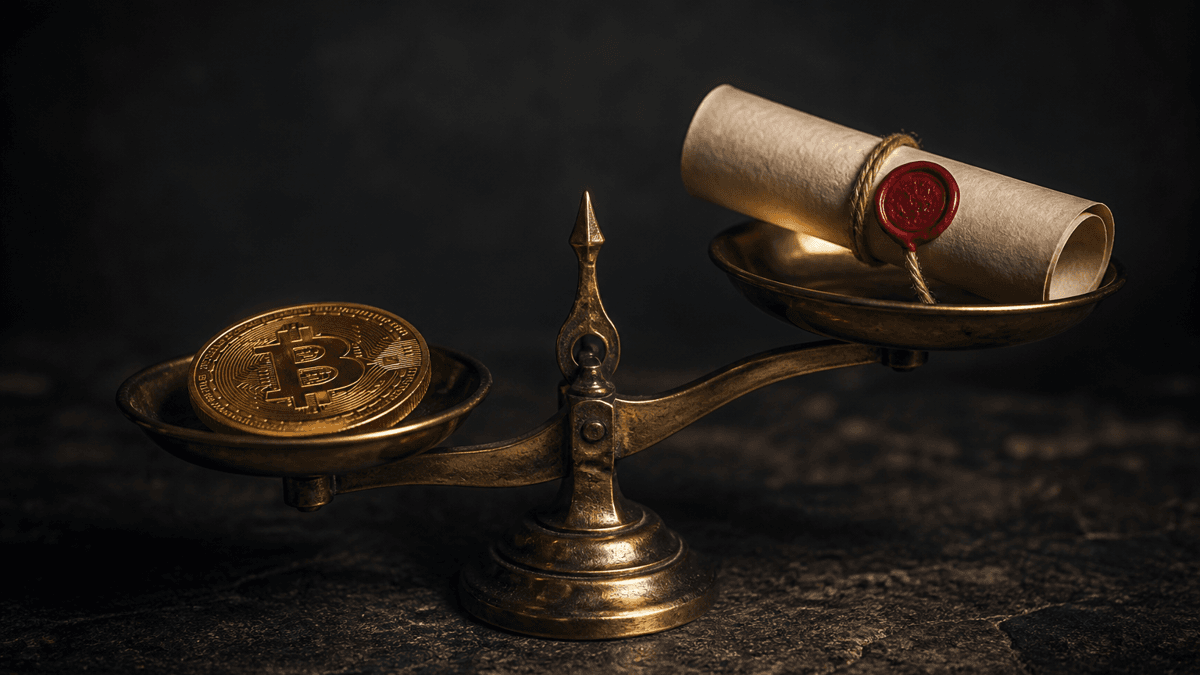 Messingwaage mit ungleichen Schalen: links eine goldene Münze mit eingeprägtem Währungssymbol, rechts eine zusammengerollte Papierurkunde mit rotem Wachsabdruck.