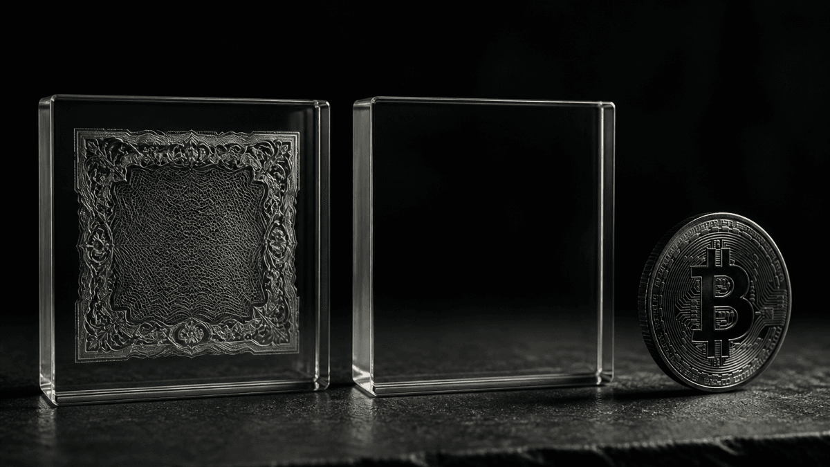 Zwei äußerlich identische Glasscheiben auf dunklem Stein, in der linken ein eingeschlossenes Ornamentrelief, die rechte vollkommen leer, daneben eine Münze mit Bitcoin-Symbol