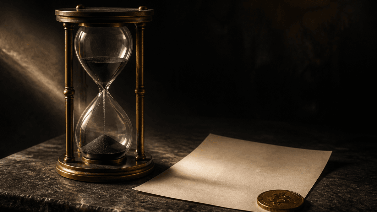 Messing-Sanduhr mit fast abgelaufenem dunklem Sand neben einem leeren Blatt Papier, beschwert von einer Münze mit eingeprägtem Bitcoin-Symbol