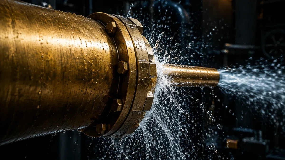 Dickes Messingrohr, das sich an einer verschraubten Muffe auf ein schmales Rohr verengt, während Wasser unter Druck seitlich herausspritzt