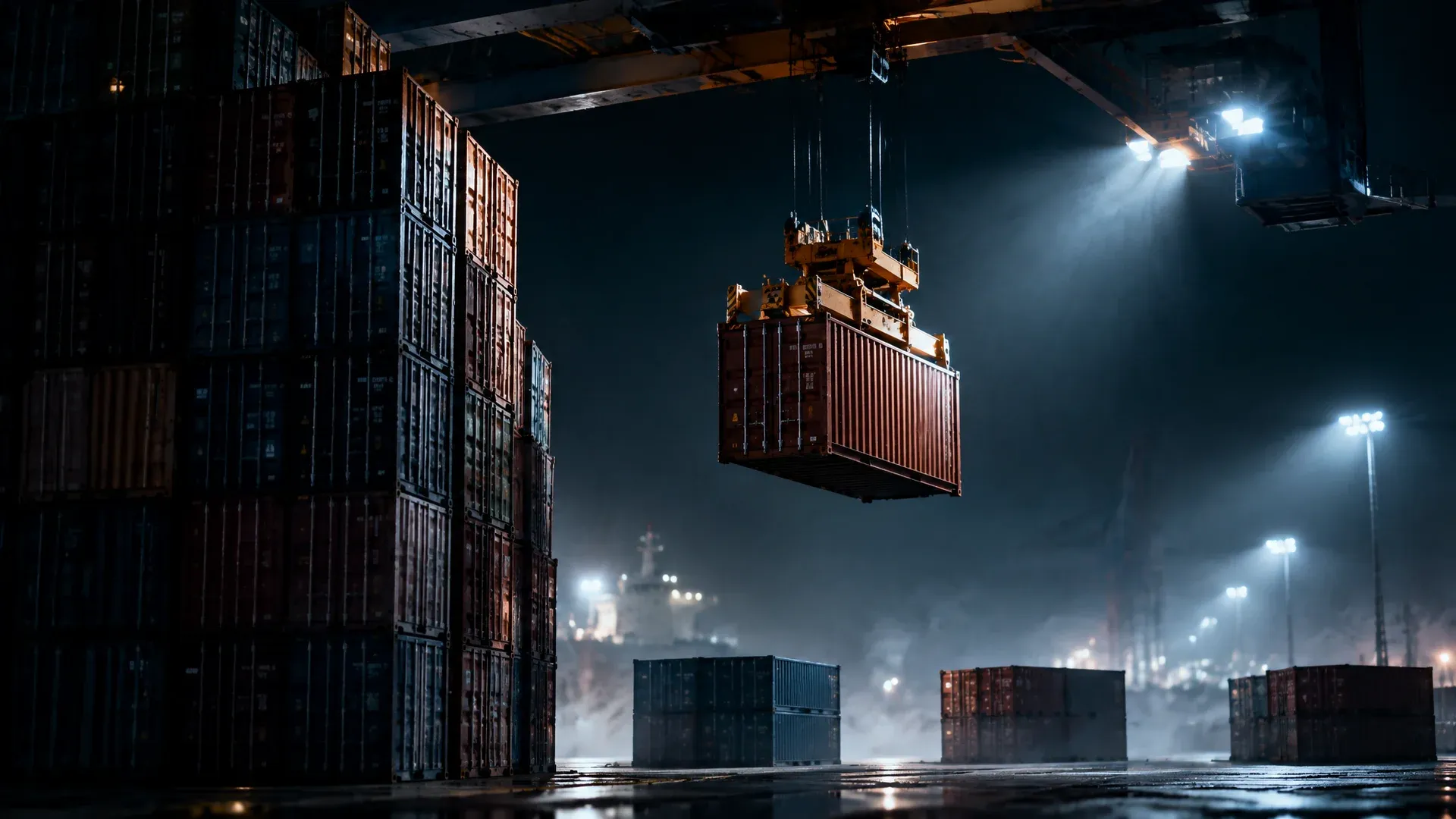 Grúa pórtico que baja un único contenedor desde un bloque alto y densamente apilado hacia varias pilas bajas y separadas, en una terminal portuaria de noche