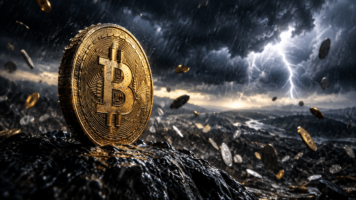 Aufrecht stehende Münze mit Bitcoin-Zeichen auf nassem Fels, dahinter eine Gewitterfront über einer Landschaft kippender kleinerer Metallmünzen