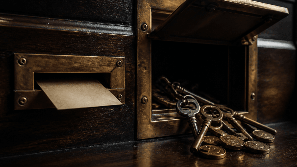 Zwei Schalterfenster in einer dunklen Theke: links ein schmaler Briefschlitz fuer einen Zettel, rechts eine offene Klappe, durch die ein Schluesselbund und Muenzen mit Bitcoin-Zeichen verschwinden