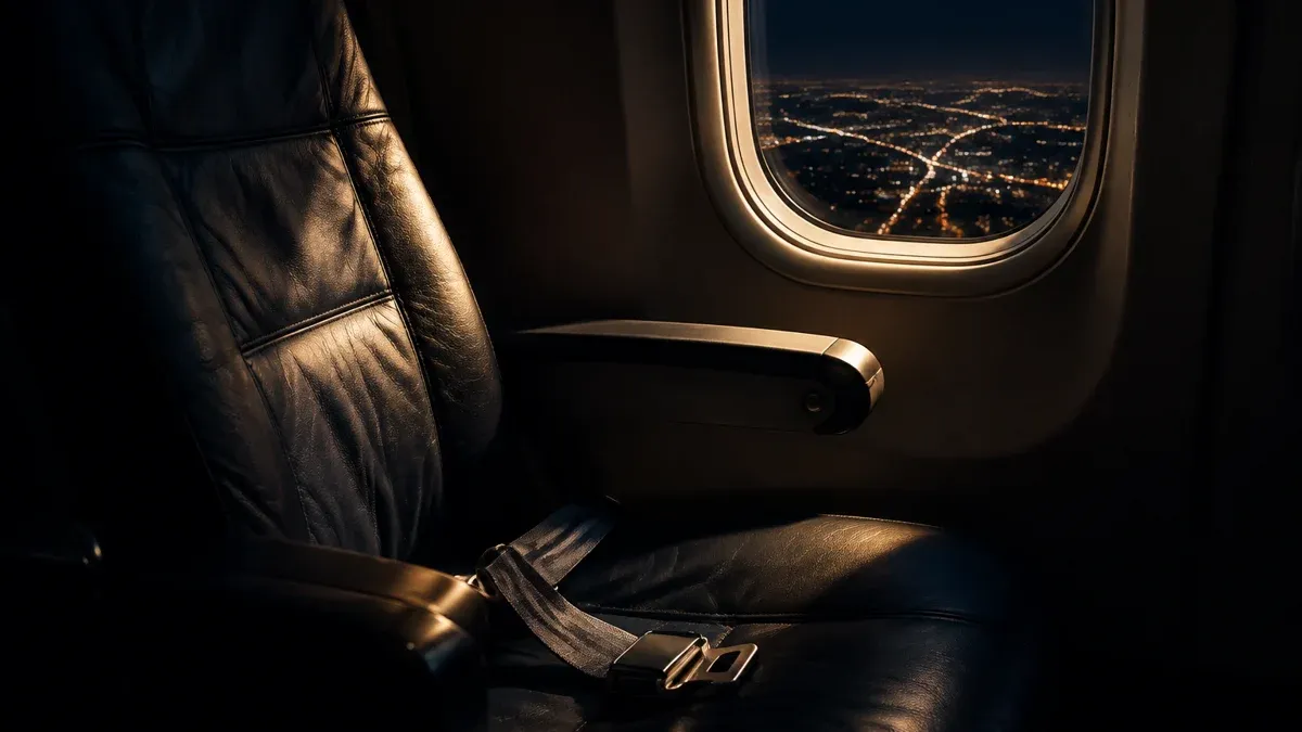 Leerer Fensterplatz in einem nächtlichen Flugzeug, der Gurt liegt offen