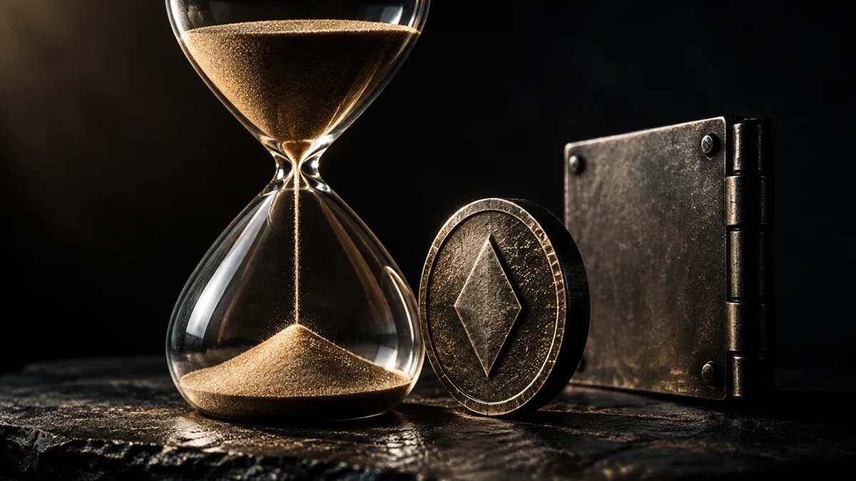 Gläserne Sanduhr auf dunkler Schieferplatte neben einer aufrecht stehenden Metallmünze mit rautenförmigem Symbol, dahinter eine geschlossene Metallklappe