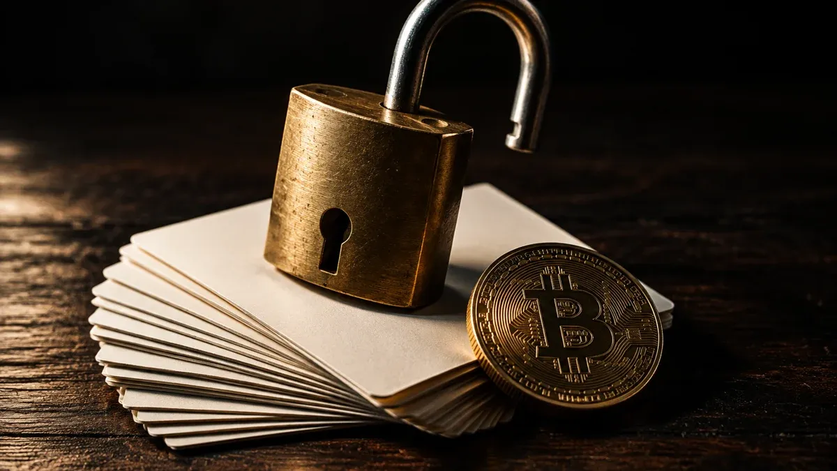 Ein Messing-Vorhängeschloss mit halb geöffnetem Bügel steht auf einem aufgefächerten Stapel leerer Karteikarten, daneben eine Münze mit eingeprägtem Bitcoin-Symbol