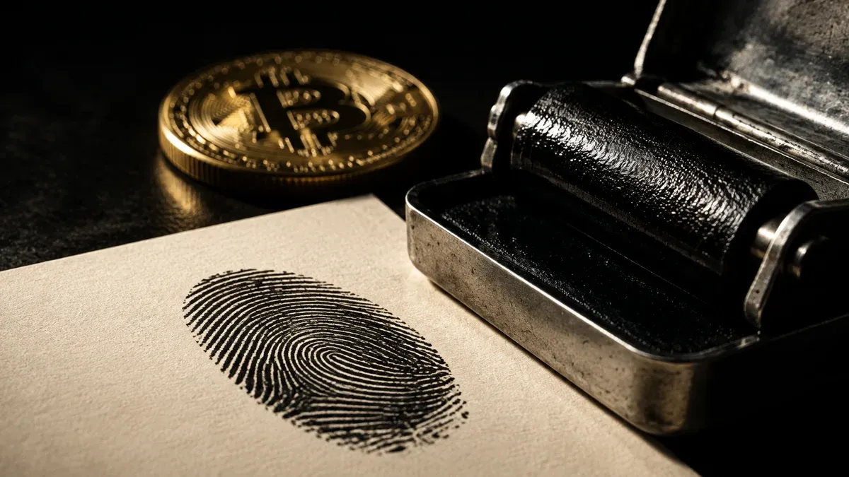 Ein abgerollter schwarzer Fingerabdruck auf cremefarbenem Karton neben einem geöffneten Stempelkissen mit Tintenwalze, dahinter eine Münze mit eingeprägtem Bitcoin-Symbol