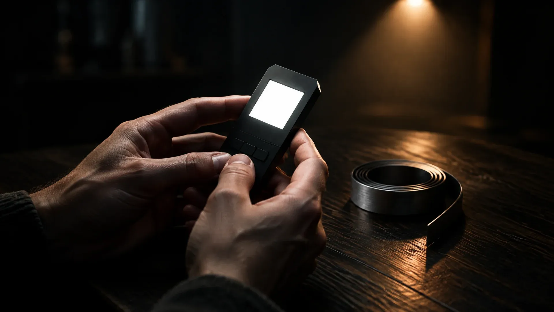 Zwei Hände halten eine markenlose Hardware-Wallet über einer dunklen Holzplatte, das Display leuchtet als weiße Fläche