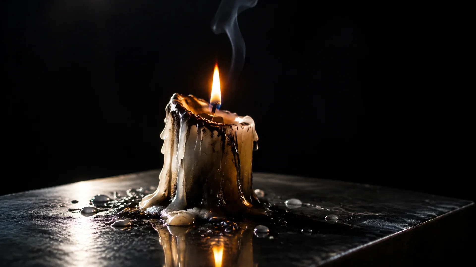 Eine fast heruntergebrannte Wachskerze auf geölter Stahlplatte, die kleine Flamme steht im Gegenlicht