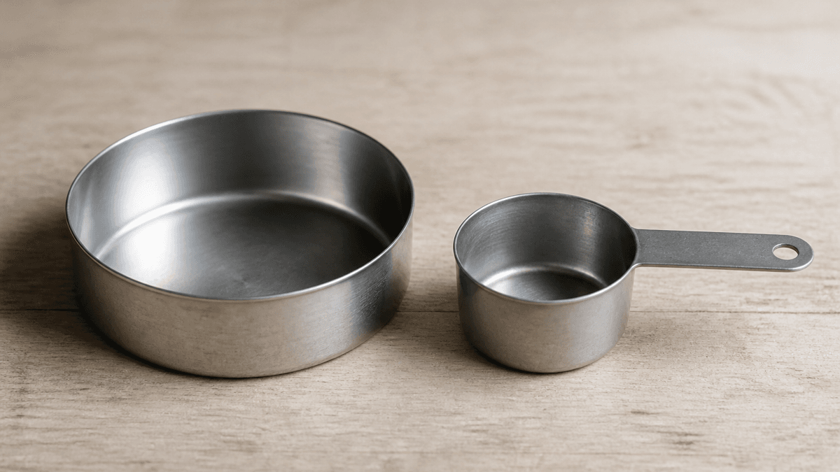 Ein kleines metallenes Schoepfmass neben einem groesseren flachen Metallbecher auf einer hellen Holzwerkbank, beide leer