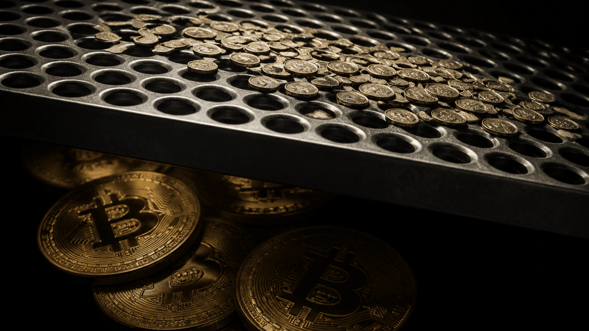Ein Stahlsieb mit grossen Oeffnungen, grosse Muenzen mit Bitcoin-Symbol sind durchgefallen, kleine duenne Muenzen bleiben oben liegen
