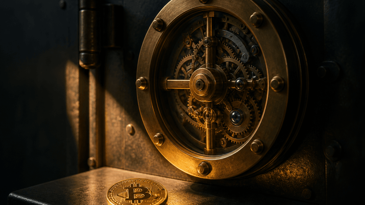 Ein mechanisches Zeitschloss aus Messing an einer Tresortuer mit Zifferblatt ohne Zahlen, davor eine Muenze mit Bitcoin-Symbol
