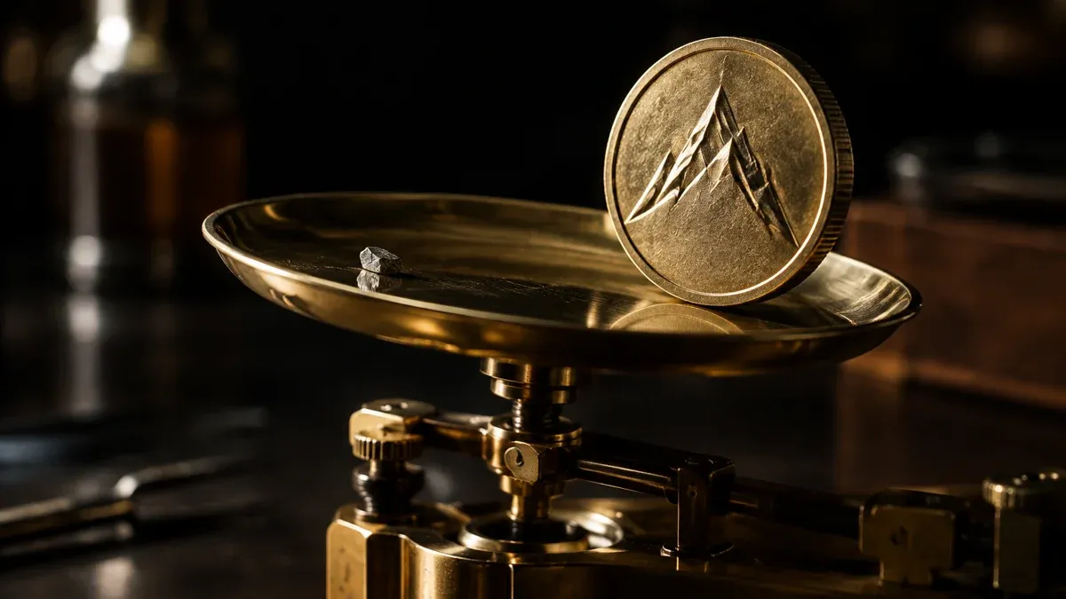 Winziger Metallspan auf einer Präzisionswaage aus Messing, daneben eine große Münze mit Bergspitzen-Symbol