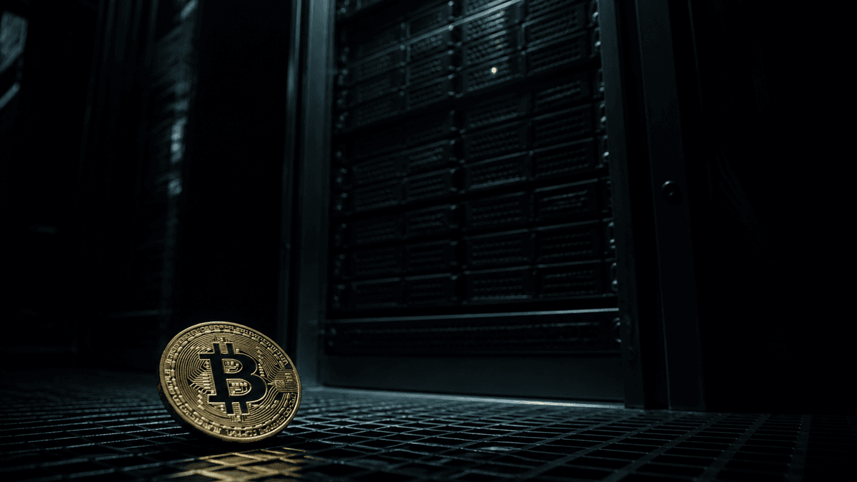 Server rack in semi-darkness with a single green status light, in front of it a metal coin embossed with the Bitcoin symbol