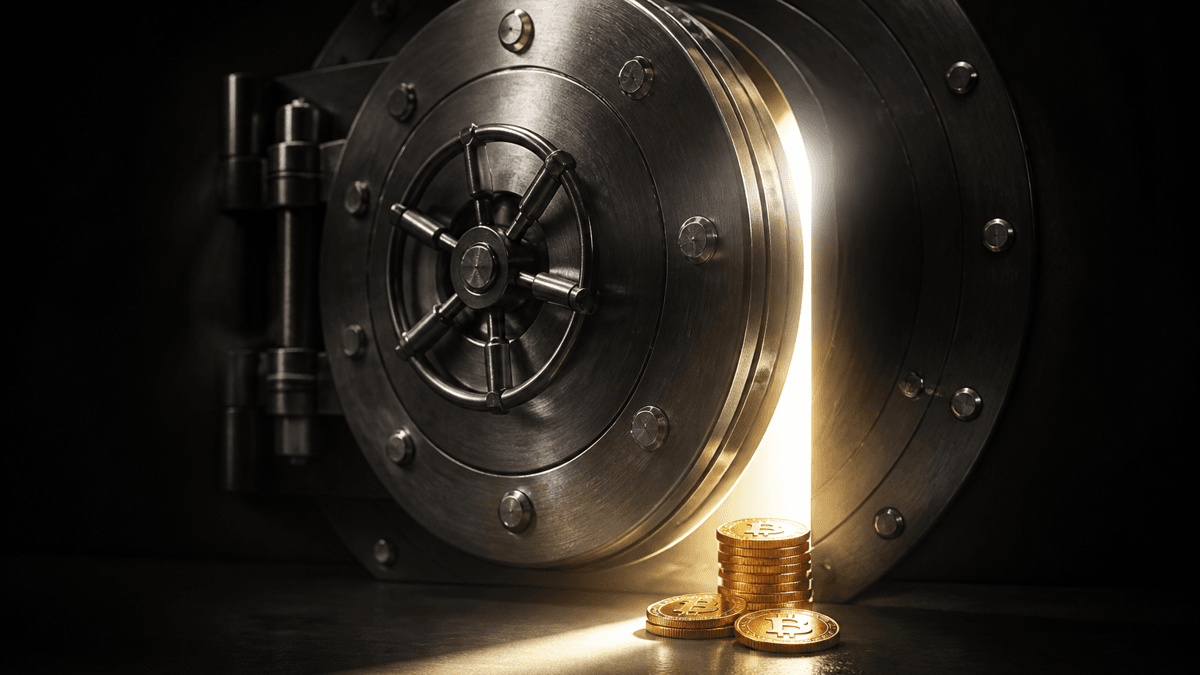 Steel vault door opened a crack, a narrow wedge of light falling from it onto stacked metal coins bearing the Bitcoin symbol