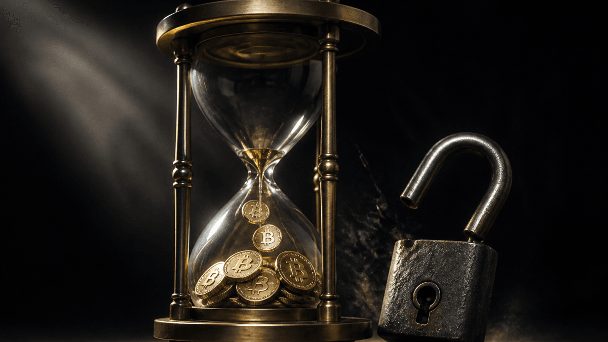 Messing-Sanduhr, in deren unterer Kammer Münzen mit eingeprägtem Bitcoin-Zeichen liegen, daneben ein aufgesprungenes eisernes Vorhängeschloss