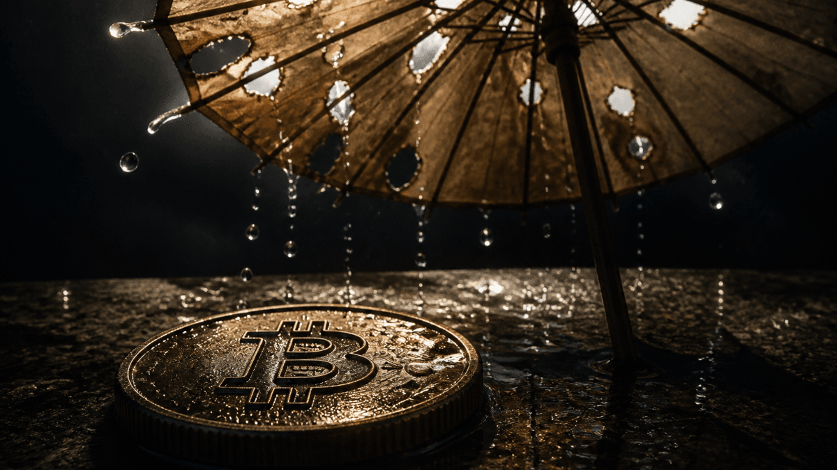 Durchlöcherter Papierschirm, durch dessen Löcher Wassertropfen auf eine nasse Bitcoin-Münze fallen