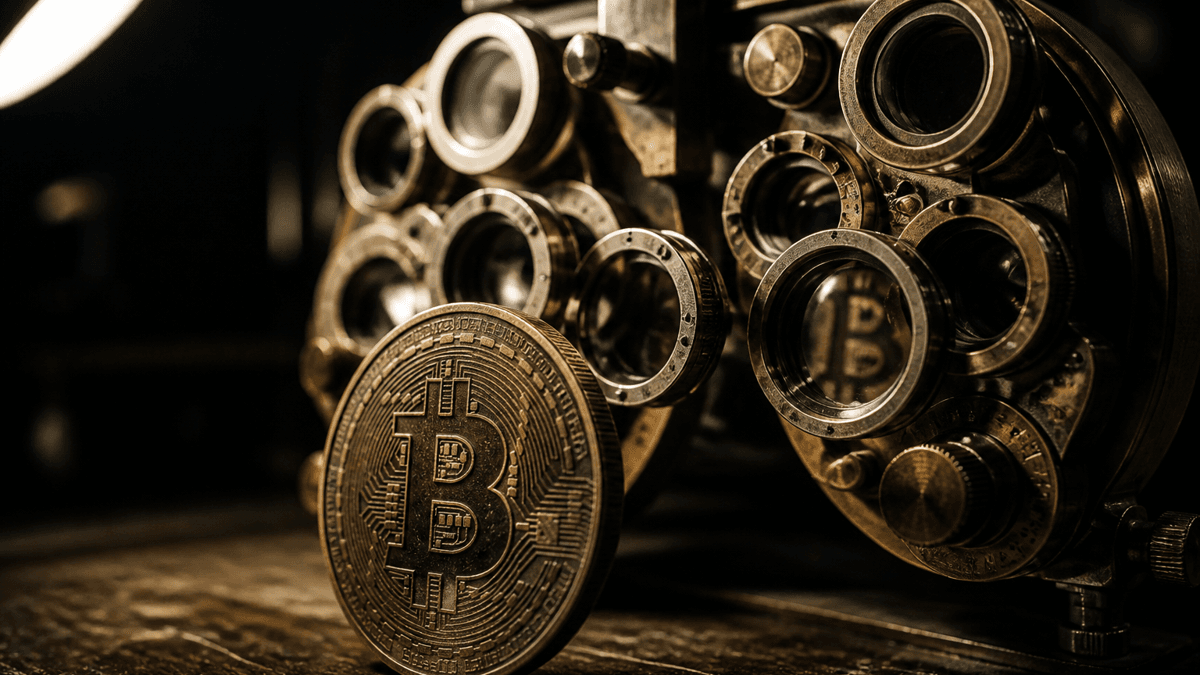 Alter messingfarbener Optiker-Phoropter mit vielen Glaslinsen, davor aufrecht eine Bitcoin-Münze