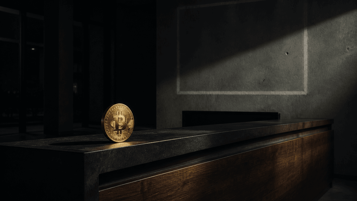 Verlassener Firmen-Empfangstresen bei Nacht, an der Wand dahinter nur der helle Umriss eines abgenommenen Firmenschilds, davor eine Goldmuenze mit Bitcoin-Zeichen