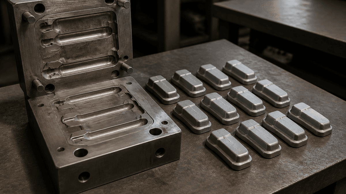 Geoeffnete metallene Gussform auf einem Werkstatttisch, daneben ein Dutzend identischer Metallrohlinge in Reihe