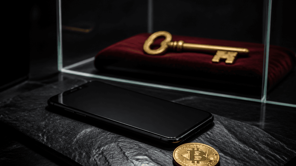 Smartphone mit dunklem Bildschirm auf schwarzem Schiefer, dahinter hinter einer Panzerglasscheibe ein großer Messingschlüssel auf rotem Samtkissen, im Vordergrund eine Bitcoin-Münze