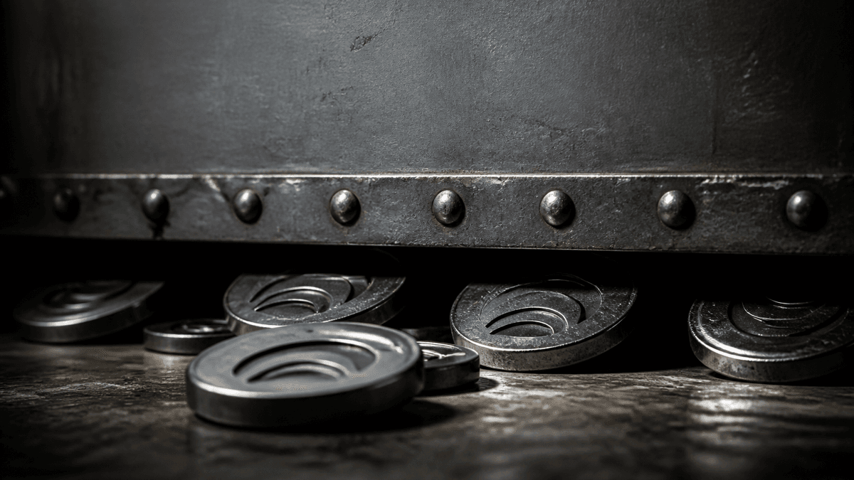 A descending steel gate with metal coins rolling out through the last remaining gap