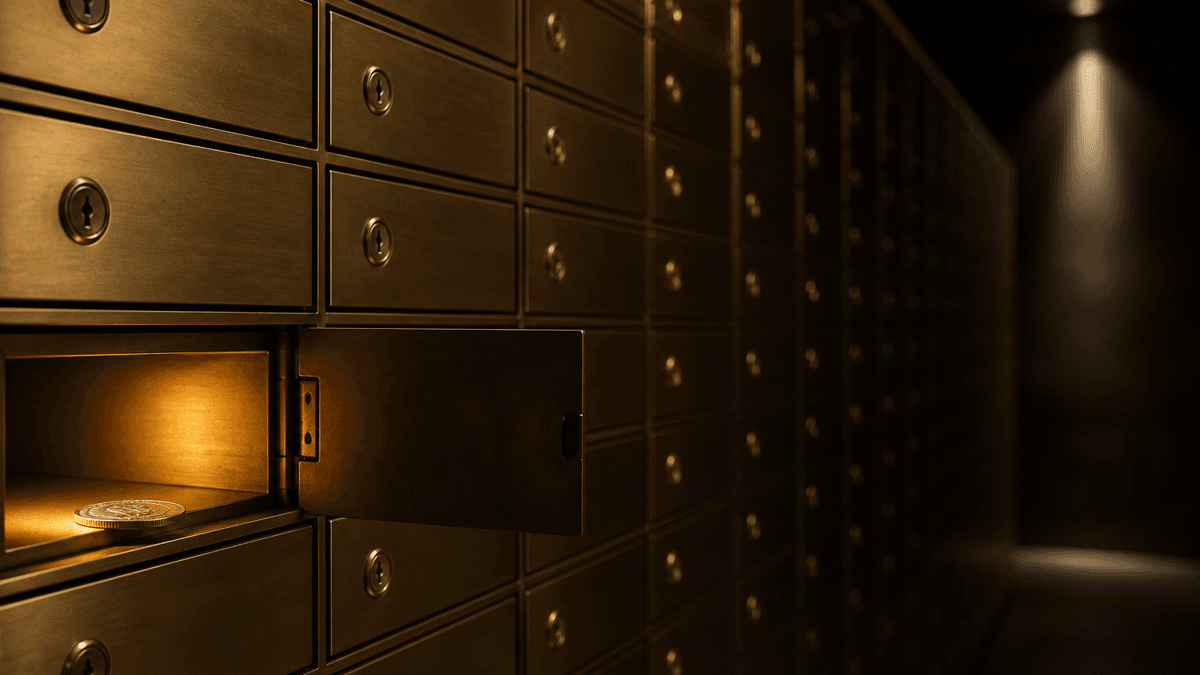 A wall of locked brass safe-deposit boxes in a dark vault, with a single box standing open and lit