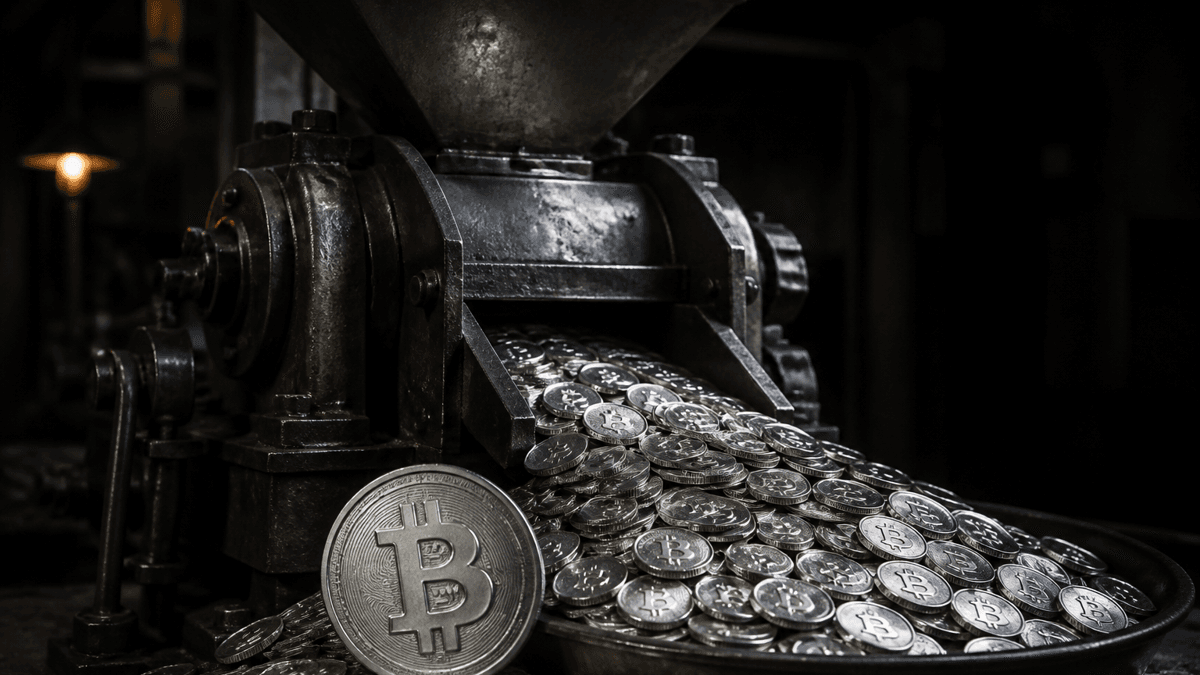 Alte Prägepresse in dunkler Werkstatt, aus deren Auswurf ein überbordender Strom blanker Münzrohlinge quillt, während der Materialtrichter leer ist, vorn eine Münze mit Bitcoin-Zeichen