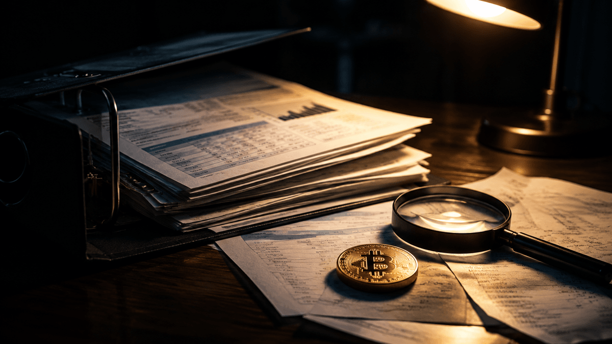 An open file binder with bank statements and receipts, next to a magnifying glass and a metal coin in the light of a desk lamp