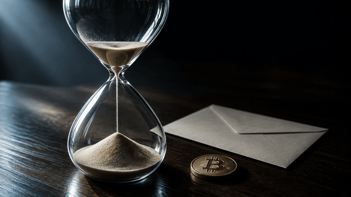 An almost empty hourglass next to an unopened official envelope and a metal coin on dark wood