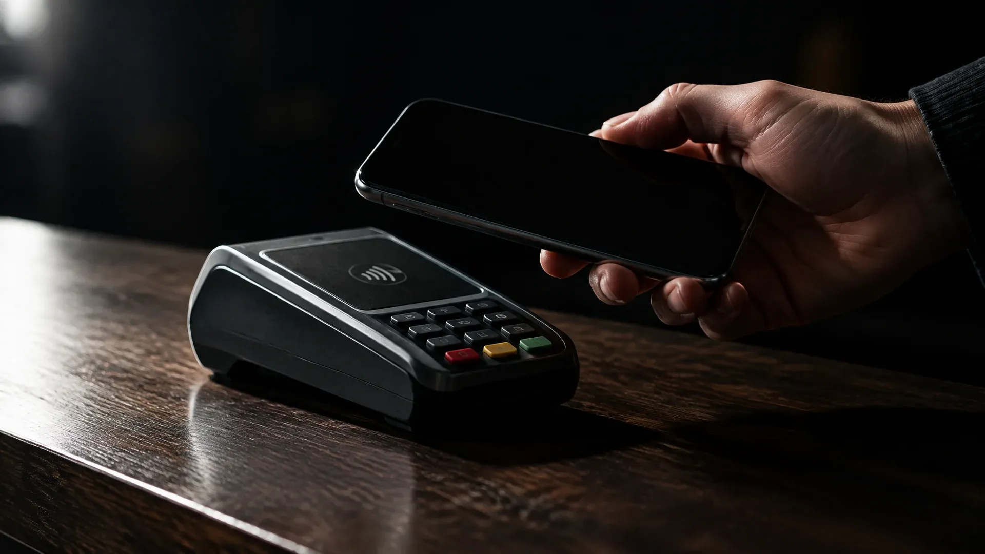 Hand hält ein markenloses Smartphone mit erloschenem Display über ein Kartenlesegerät auf einem dunklen Ladentresen