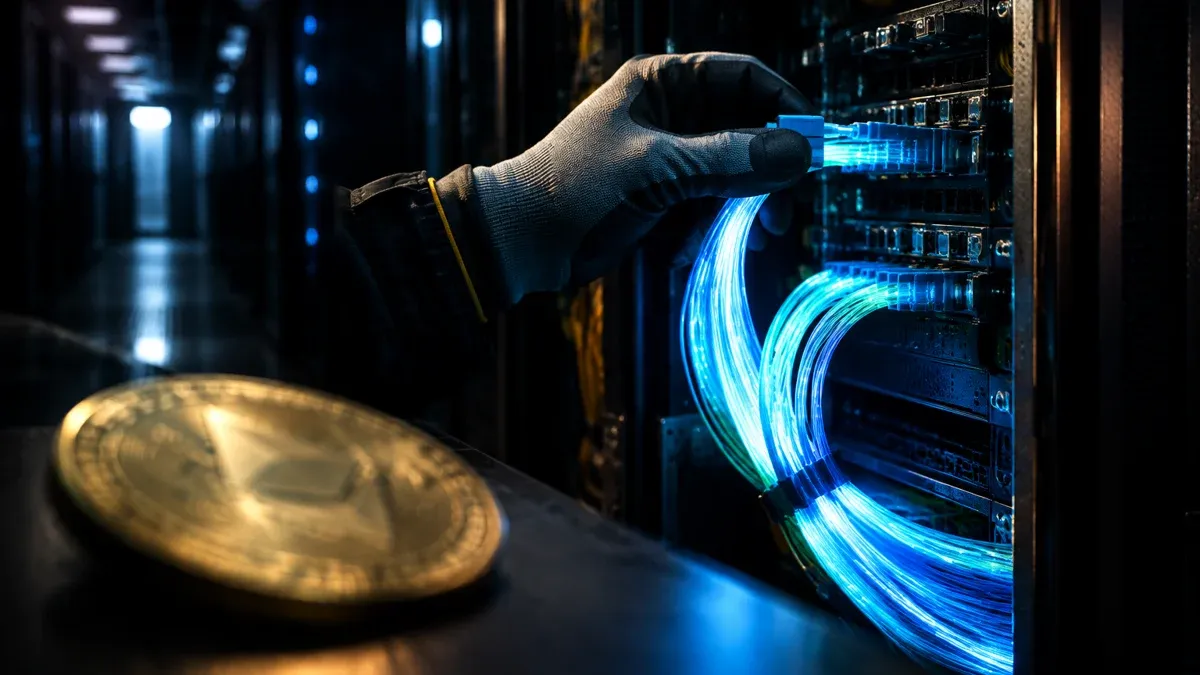 An opened server rack module with glowing fibre-optic strands, a minted coin blurred in the foreground