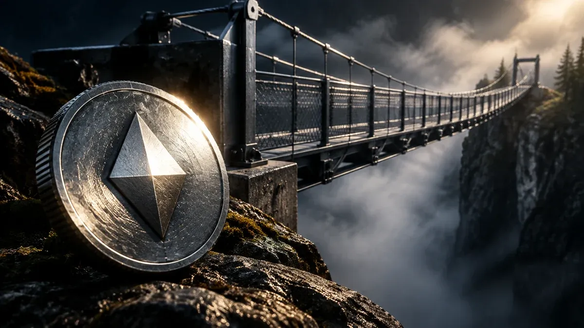 Haengebruecke aus Stahl ueber einer nebligen Schlucht, am Brueckenkopf eine schwere Metallmuenze mit eingepraegtem rautenfoermigem Symbol