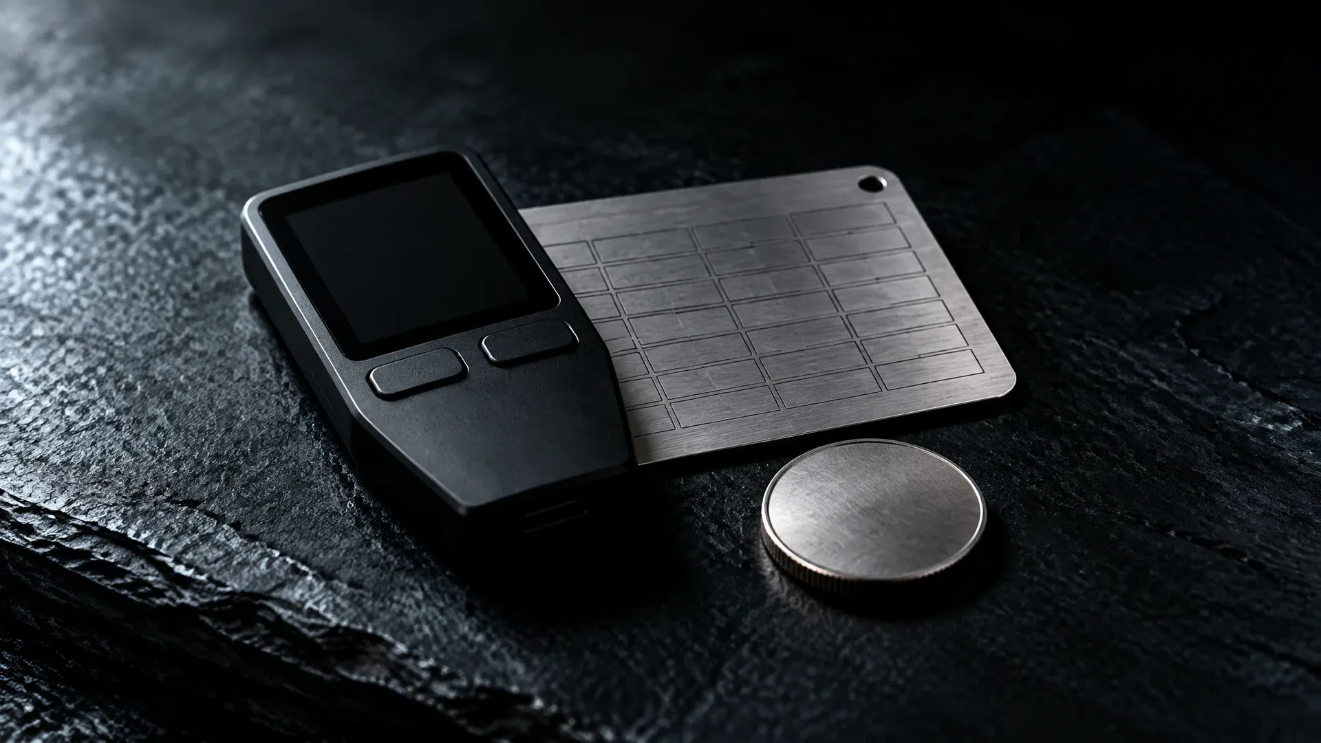 Kleines Hardware-Wallet-Gerät ohne Marke neben einer Backup-Platte aus Stahl und einer Münze auf dunklem Stein
