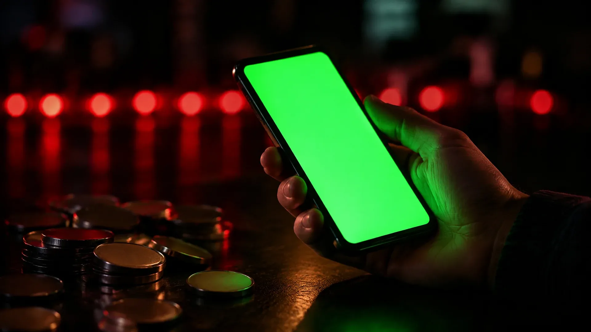 Hand holding a green glowing smartphone in front of blurred red lights