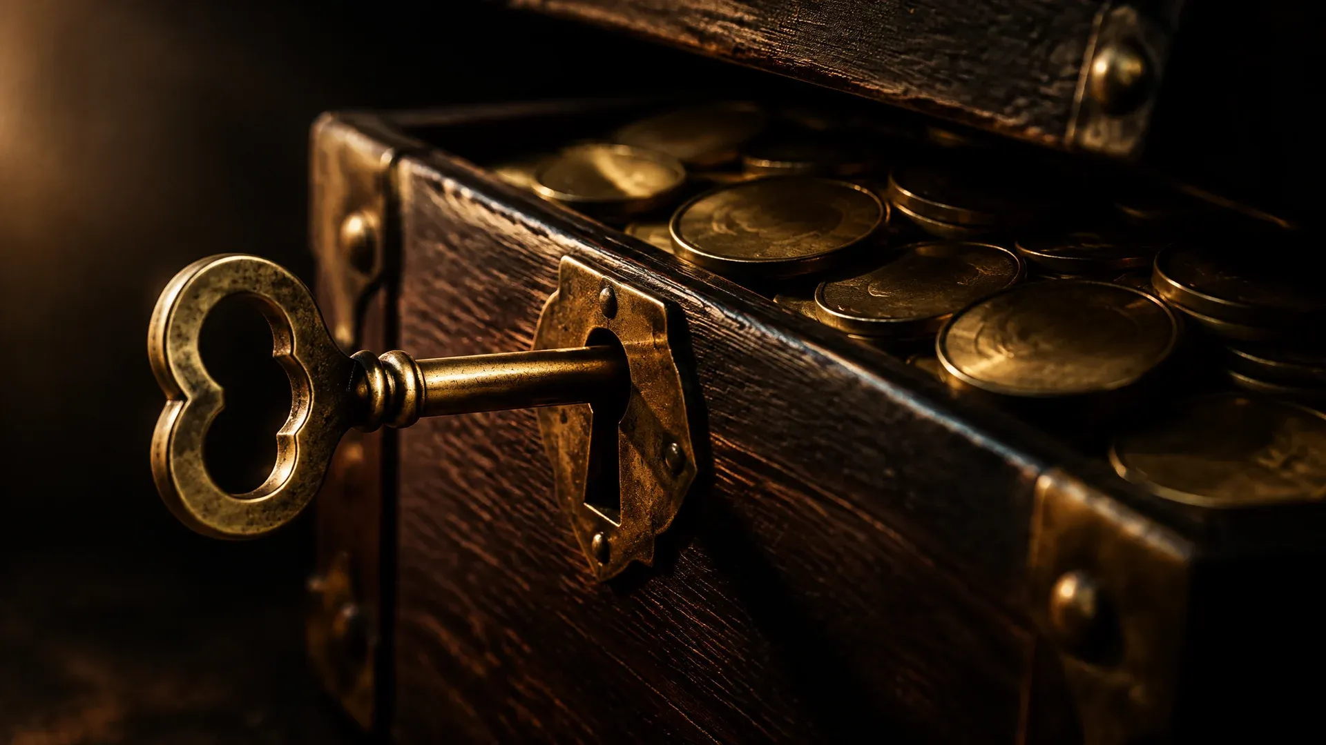 Old brass key in the lock of a wooden box with coins